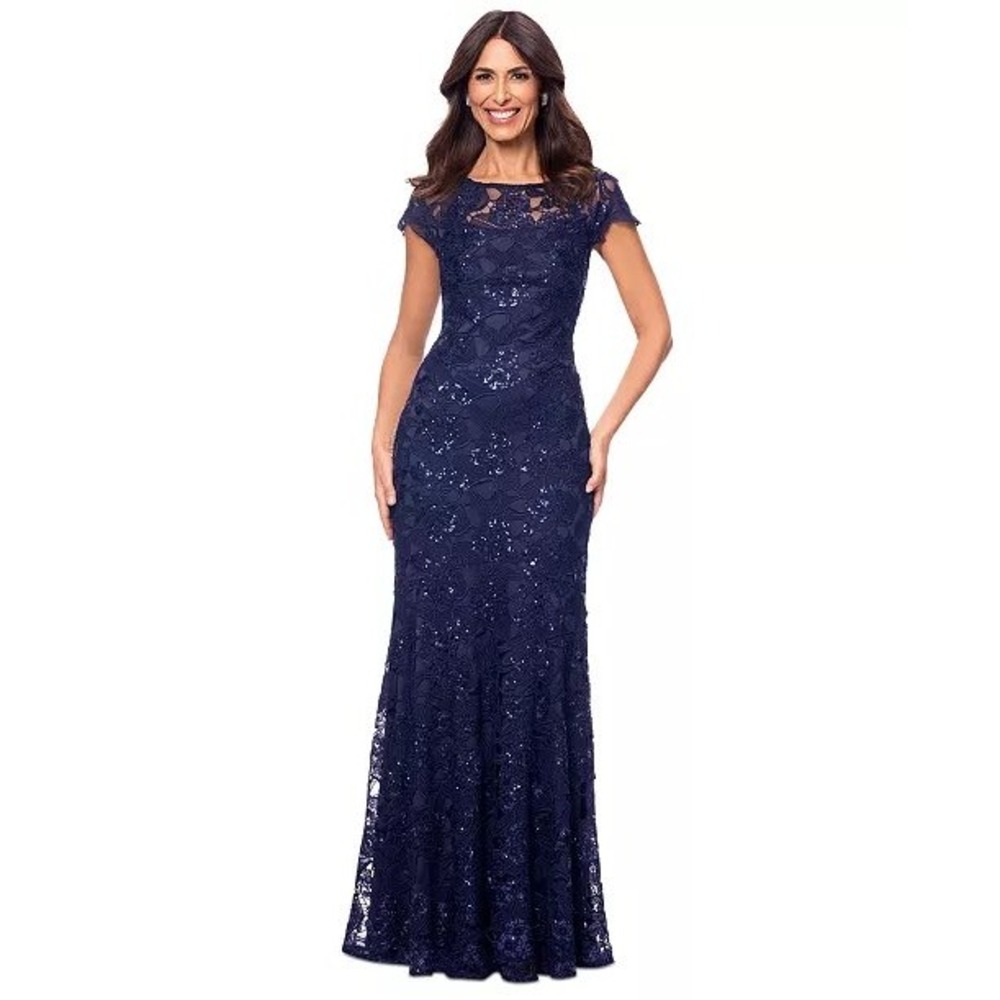 Xscape Evenings Navy Bateau Neck Back Zip Sequins Lace Overlay Long Gown 12